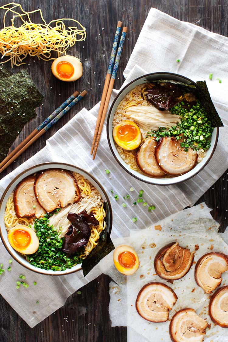 Tonkotsu Ramen - Rich, delicious pork & chicken broth with fresh noodles, soft yolked eggs & slices of thin, melt in the mouth pork belly.