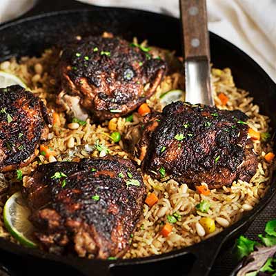 One Pan Jerk Chicken Mediterranean Rice