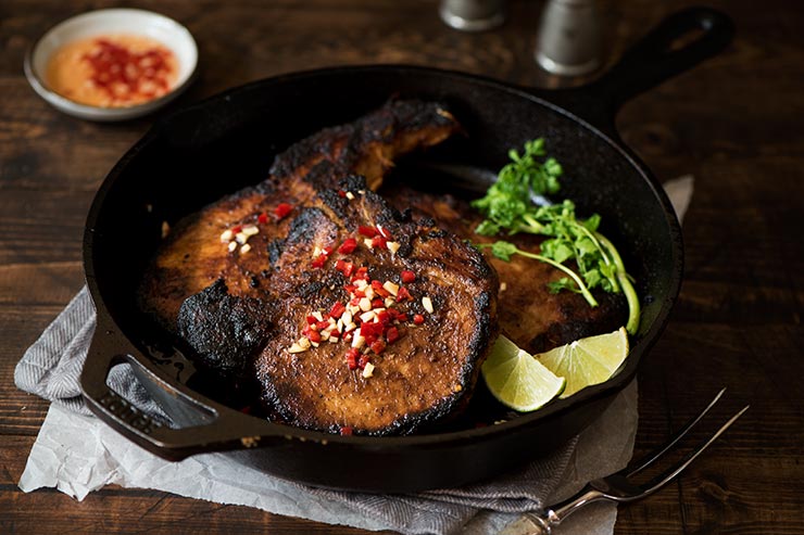 Tender & juicy smoky lemongrass marinated pork chops with a special dipping sauce. Cooks in 10 minutes & made from common ingredients.