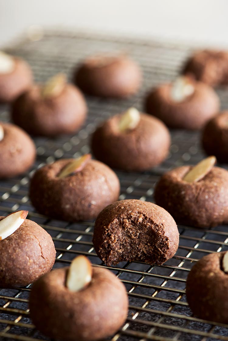 Melt in the mouth delicious chocolate almond cookie. Once you pop em in your mouth, you can't stop.